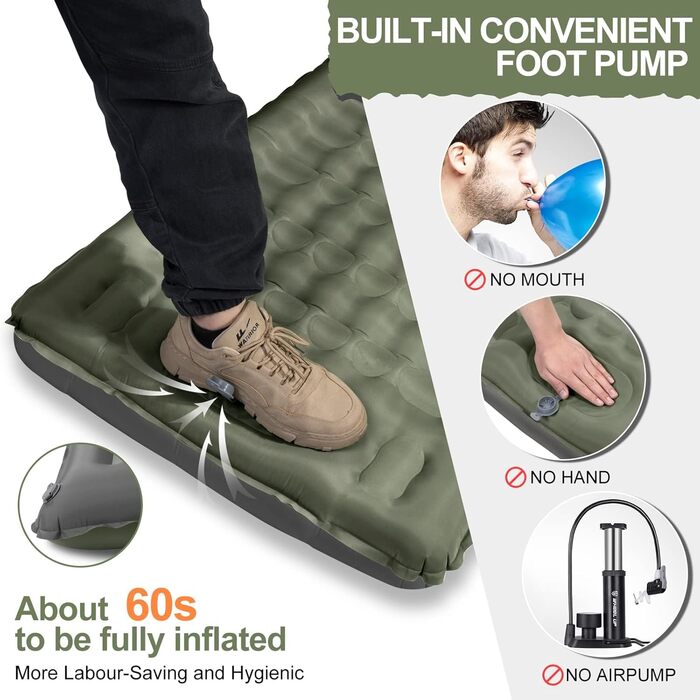 Каремат туристичний Isomatte самонадувний, 12 см, товстий, вологостійкий, з насосом для ніг та подушкою, антиковзаюча поверхня, для кемпінгу, пікніків, відпочинку на природі, армійного кольору