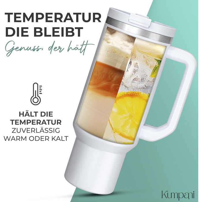 Термочашка Kumpani 1,1 л з ручкою і кришкою, ізольований питний стакан з трубочкою, герметичний, BPA-free, для гарячих і холодних напоїв, ідеально для дому та подорожей, білий