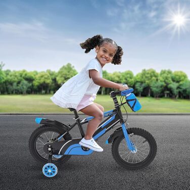 Дитячий велосипед 14 дюймів для хлопчиків та дівчаток 3-7 років, з додатковими колесами, регульована висота, з брудозахистом та пляшкою для води, для катання на відкритому повітрі