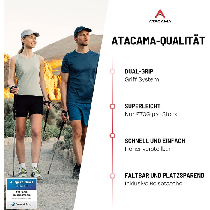 Телескопічні палиці для скандинавської ходьби та трекінгу ATACAMA, карбон та алюміній, з корковими ручками, складні, 270 г