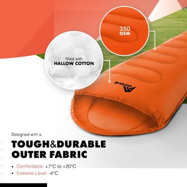 Спальний мішок Azark Premium, 350 г/м², легкий та водонепроникний, 4 сезони, для кемпінгу, піших прогулянок та відпочинку на природі, для дорослих та дітей, помаранчевий