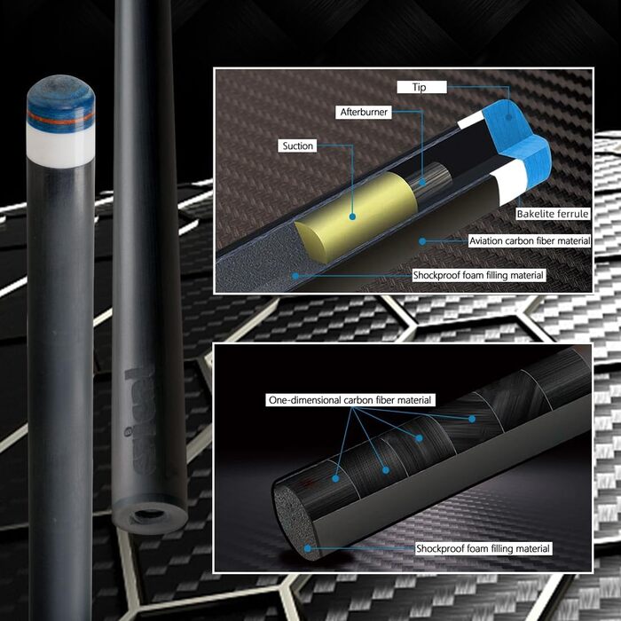 CRICAL Більярдний кий з карбонового волокна, 147.3 см, професійний, з'єднання 3/8 x 8, наконечник 12.5 мм
