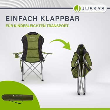 Крісло для кемпінгу Juskys Lido складне з підстаканником, кишенею та сумкою - зручне крісло для відпочинку на природі з підлокітниками та спинкою, 4 кольори (зелений)