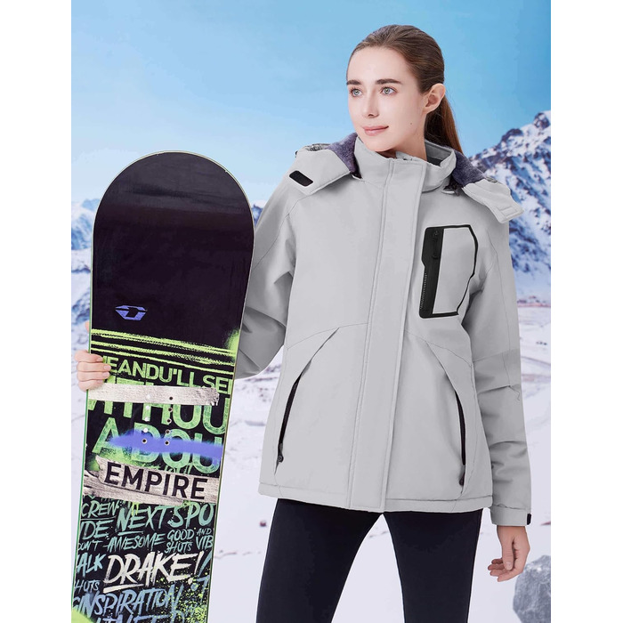 Жіноча водонепроникна куртка WULFUL для сноубордингу та катання на лижах, вітрозахисна зимова куртка з знімним капюшоном (XL, сірий)