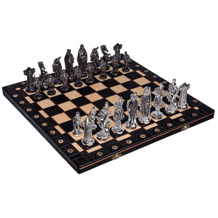 Великі дерев'яні середньовічні шахи, сріблясто-чорні, Chesscheck