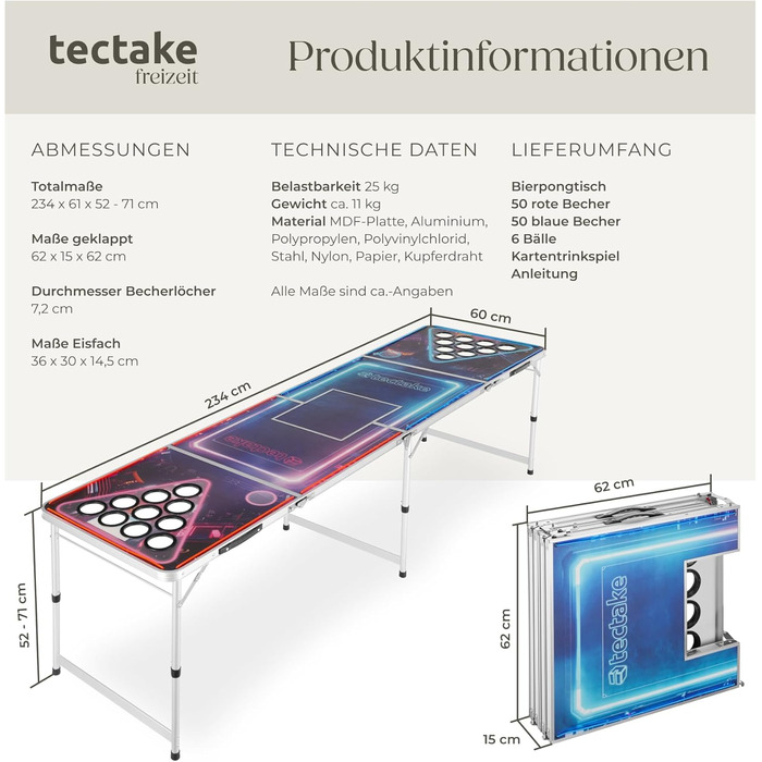 Стіл для пивного пінг-понгу tectake® Beer Pong, складаний, регульований по висоті, з ручками, у комплекті 100 стаканів (50 червоних, 50 синіх) і 6 м’ячів, настільна гра для вечірок, для дорослих