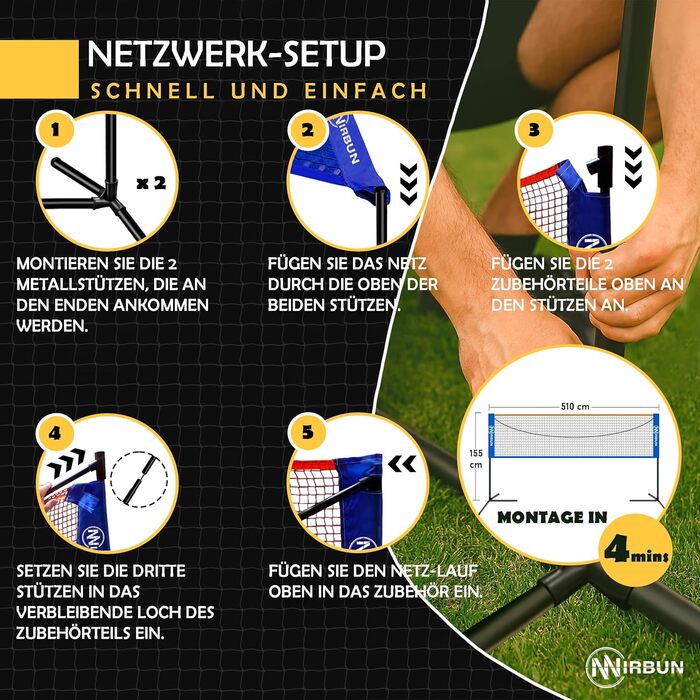 Набір для бадмінтону на 4 гравці з сіткою | Професійні ракетки + 3-и пір'яні м'ячі + сумка для перенесення | Міцний металевий каркас | Сітка 5,1 м | Сімейний набір для гри в приміщенні та на вулиці