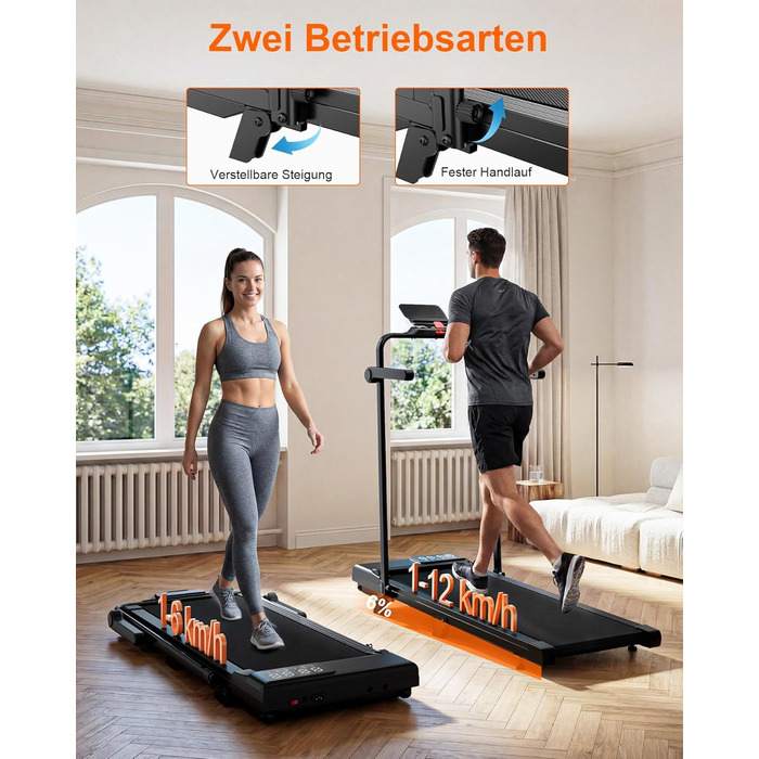 Складана бігова доріжка MJWW Raceable Walking Pad з нахилом 6-9%, 3.0 HP, керування через додаток, AI-тренування, LED-дисплей, для дому та офісу (Чорна, 95 см)