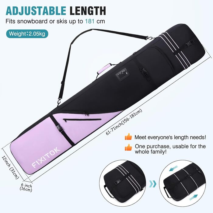 Водонепроникний сноуборд-баг для подорожей: сноуборд, черевики, одяг, шолом та спорядження (157-181 см), фіолетовий