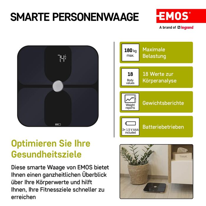 Розумні ваги EMOS GoSmart для дому: аналіз жиру, м'язової маси, ІМТ, 18 параметрів, Bluetooth, додаток, ITO-скло, до 180 кг, чорні