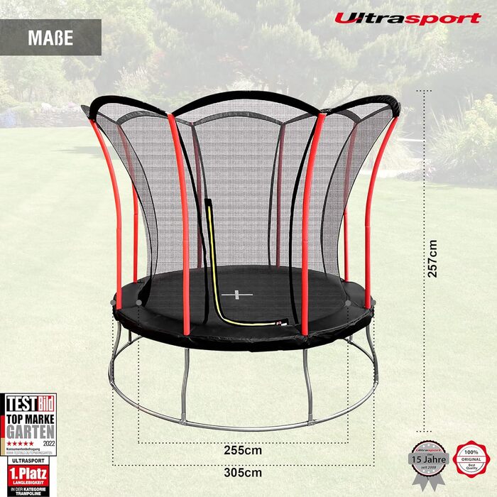 Батут Ultrasport Uni-Jump 305 см з захисною сіткою для дітей, сертифікований TÜV Rheinland, комплект: мат, оцинковані пружини, м'які стійки, Lotus