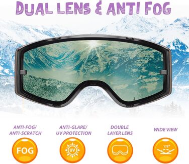 EXP VISION Лижна маска з антифогом, набір для батьків і дітей, 100% UV захист, OTG сноуборд-окуляри для чоловіків, жінок, підлітків і дітей, бузкова