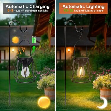 Сонячні ліхтарі для саду та вулиці, 2 шт. - Водостійкі металеві ліхтарі LED, для газону, патіо, кемпінгу, чорні, восьмикутні