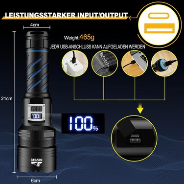 Ліхтарик LED BEYSTE перезарядна, тактичний ліхтарик 60000 люмен, потужний ліхтарик з USB, для кемпінгу та надзвичайних ситуацій, чорний