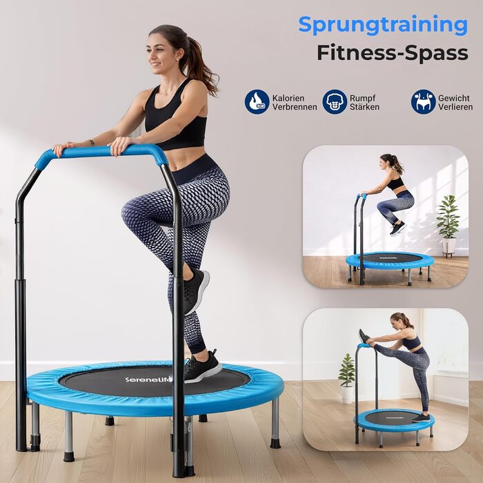 Трамплін SereneLife для дому, діаметр 102 см – складний ребаундер з регульованою висотою та пружинним ефектом, до 150 кг, для кардіотренувань та спорту, небесно-блакитний