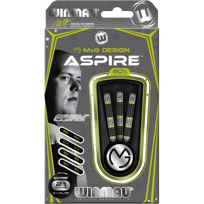 Дротики WINMAU Michael Van Gerwen MvG Aspire з вольфраму 21 г, сталевий наконечник, призмові крила та нейлонові хвостовики