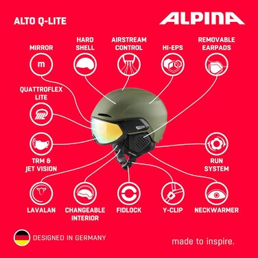 Гірськолижний шолом ALPINA ALTO Q-LITE, захисний, з ударопоглинанням, регульований, з контрастним візором, для дорослих, оливковий матовий, 55-59 см
