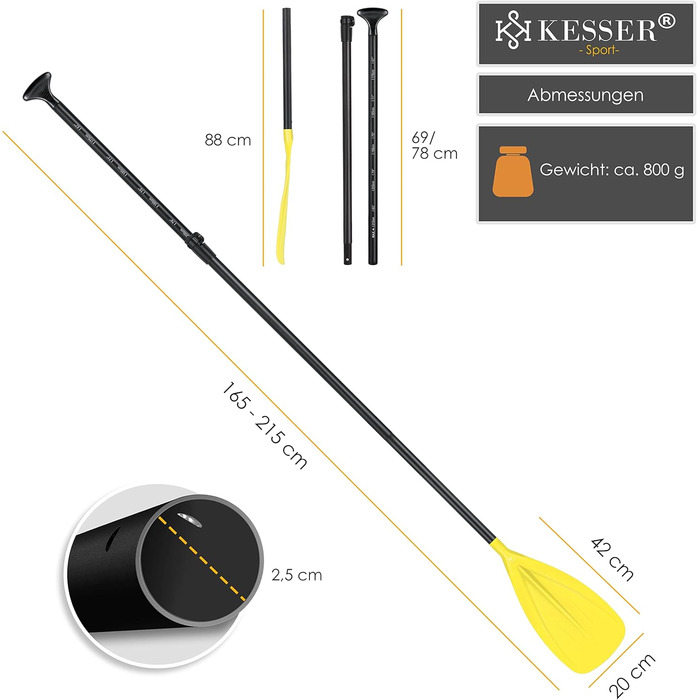 Весло KESSER 3-в-1 для SUP, каяка, дошки, алюмінієве, телескопічне, 165-215 см, антиковзне, жовте