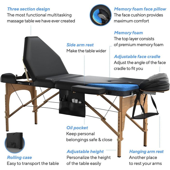 Складаний масажний стіл Luxton Home з 3 секціями з піни Memory Foam, регульована висота, переносна сумка, підголівник