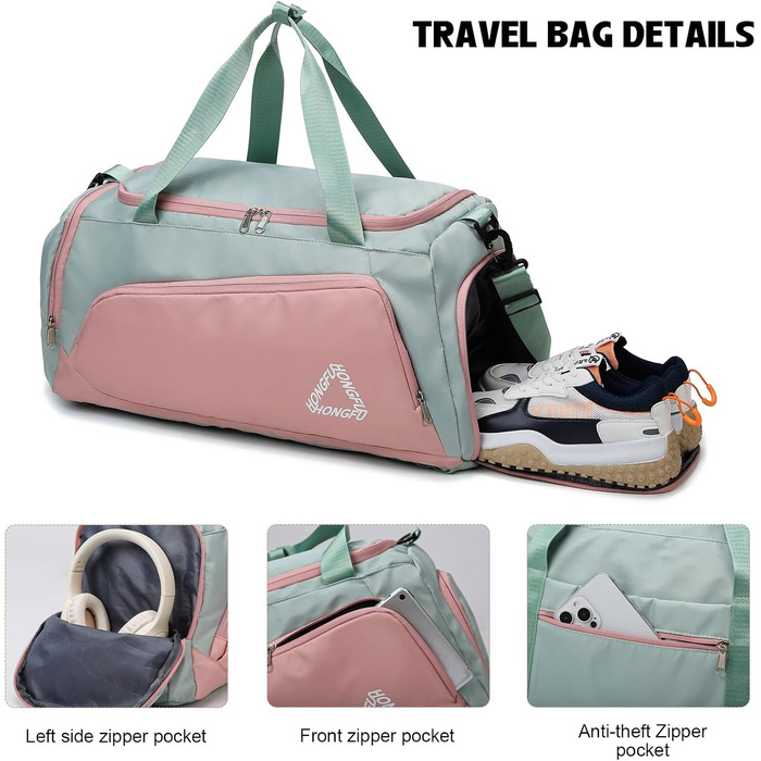 Спортивна сумка для жінок 45L з відділенням для взуття, мокрою сумкою, водонепроникна, для подорожей, спортзалу, басейну. Сумка-рюкзак для фітнесу, спорту, подорожей. Зелена/Рожева.