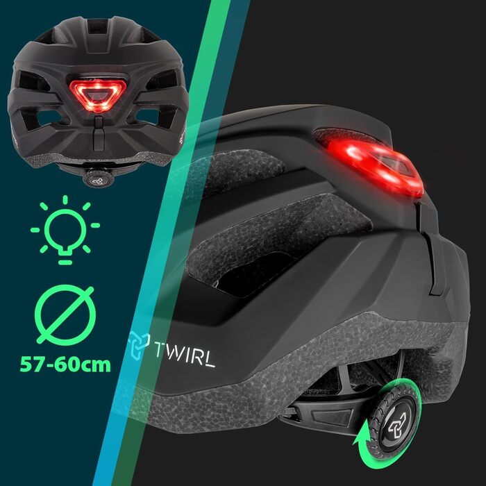 Велосипедний шолом TWIRL City ONE чорний, з LED-підсвічуванням, сучасний дизайн, регульований розмір L (57-60 см), вентиляція, ударостійкий, легкий, якісний пластик