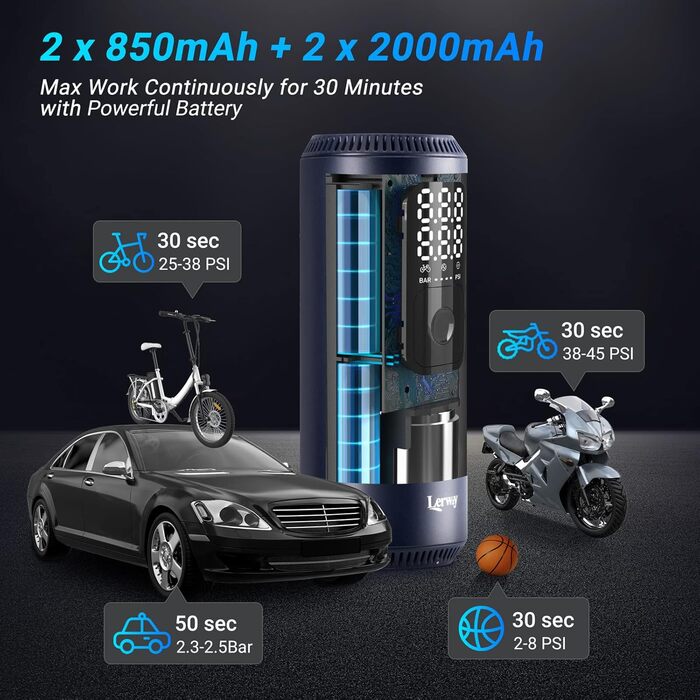 Електрична насосна помпа LERWAY для велосипеда, 150 PSI, 5700 мА·год, міні-автокомпресор, портативний, з LCD-екраном, LED-підсвіткою, Powerbank, для велосипедів, мотоциклів, авто та м'ячів