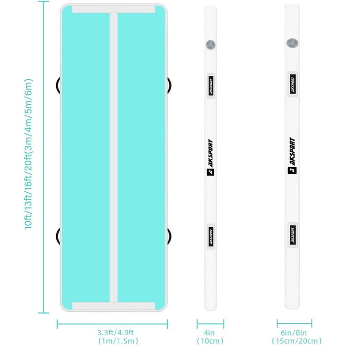 AKSPORT Килимок для гімнастики та акробатики з повітряною подушкою, 3/4/5/6 м, 10/20 см заввишки, 300x100x10 см, м'ятно-зелений