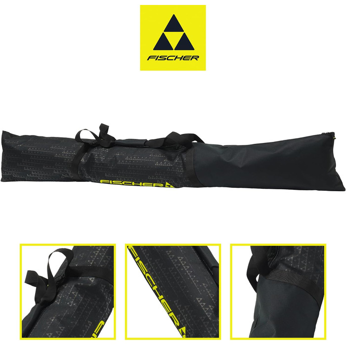 Чохол для гірських лиж Fischer Eco Alpine, компактний і міцний, легкий, складаний, з подвійною блискавкою та м'якими ручками, для одного комплекту лиж, чорний/жовтий, 175 см