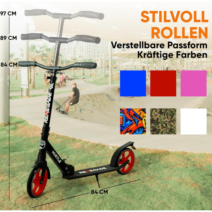 Дитячий ролер Hurtle Roller Kinder 10, складний, регульована висота 84-98 см, для дітей та дорослих, з підставкою, ремінь для перенесення, до 100 кг (чорний)