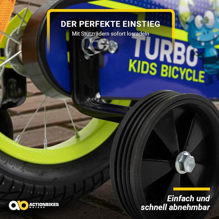 Детский велосипед Actionbikes Turbo 12/16 дюймов - V-Brake тормоза, защита от брызг, для детей 2-7 лет (для девочек и мальчиков)