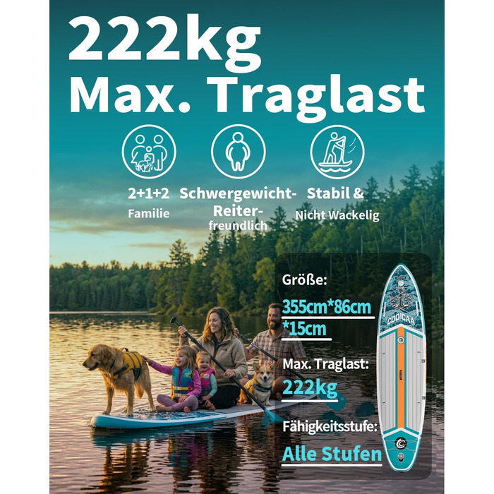 SUP дошка COOLCAA 355 см надувна, широка 86 см, для риболовлі, з аксесуарами та сумкою, вантажопідйомність 222 кг