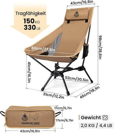 Стілець для кемпінгу OneTigris TIGERBLADE з високою спинкою, 170 кг, складний, легкий, з трикутним каркасом, для риболовлі з 2 кишенями, для відпочинку на природі, піших прогулянок, колір Койот