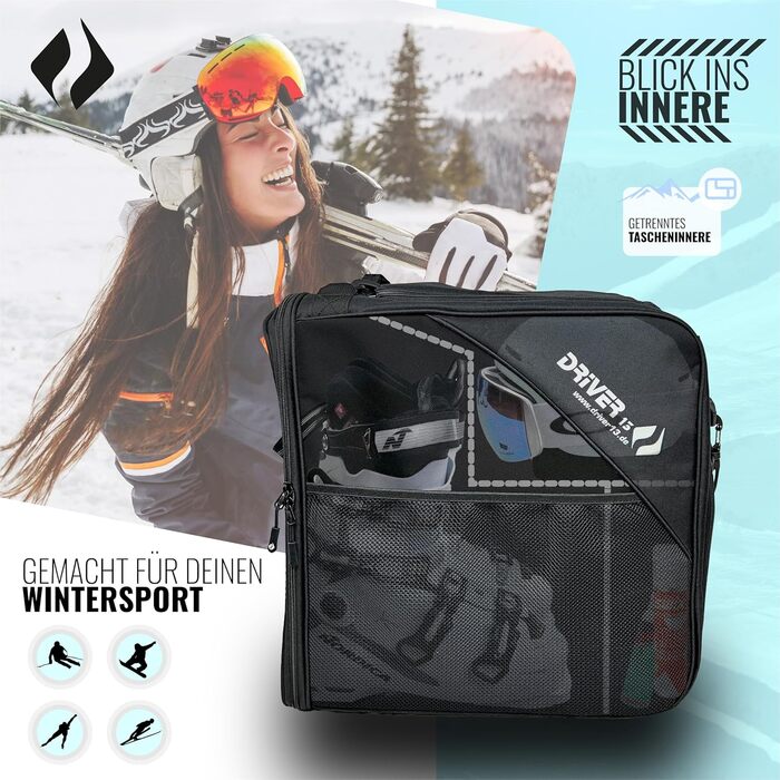 Чохол для лиж Driver13 з відділенням для шолома та регульованим плечовим ременем, 41 x 27 x 43 см, чорний