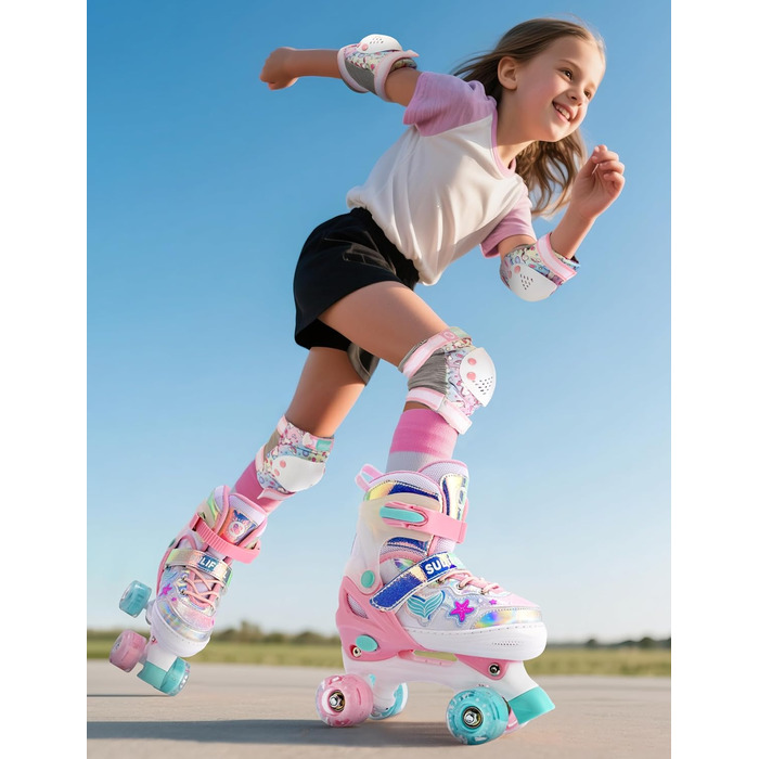 Роликові ковзани SULIFEEL для дівчаток та дітей з підсвічуванням, регульовані, 4 розміри, для малюків та початківців (Рожеві, S (28-31))