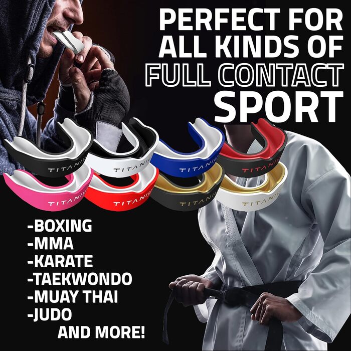 Захисна капа Titanium Sports Premium - Slim Fit з чохлом. Капу для захисту щелепи під час контактних видів спорту (бокс, ММА, джудо, карате, регбі, хокей, футбол). Червоний/Чорний. Для дітей (<11)