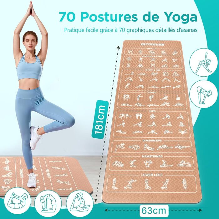 Спортивна килимок для йоги з принтами поз, неслизький TPE, 181x63x0.6 см (Хакі та Чорний)