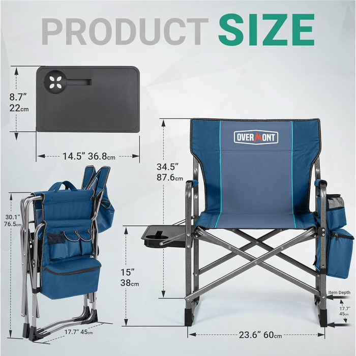 Стілець для кемпінгу OVERMONT: складаний, з підспівачем та сумкою-холодильником. Макс. навантаження 180 кг (2 шт., чорний)