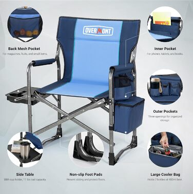 Крісло для кемпінгу OVERMONT: складне, з бічним столиком та сумкою-холодильником, до 180 кг, блакитне
