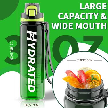 Спортивна пляшка для води 1л Tritan без BPA з маркуванням часу, 1 літр, витокозахисна, для фітнесу, активного відпочинку, спортзалу, школи