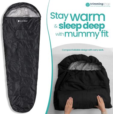 Спальний мішок Mumienschlafsack для дорослих - легкий, компактний, водонепроникний з капюшоном, 220x85 см. Підходить для кемпінгу, походів та подорожей (Чорний)