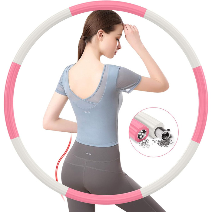 Обруч для фітнесу BLAIKOYI Hula Hoop для дорослих, 8 секцій, регульована вага 1,2-3,5 кг, сталевий сердечник, для схуднення, біло-рожевий