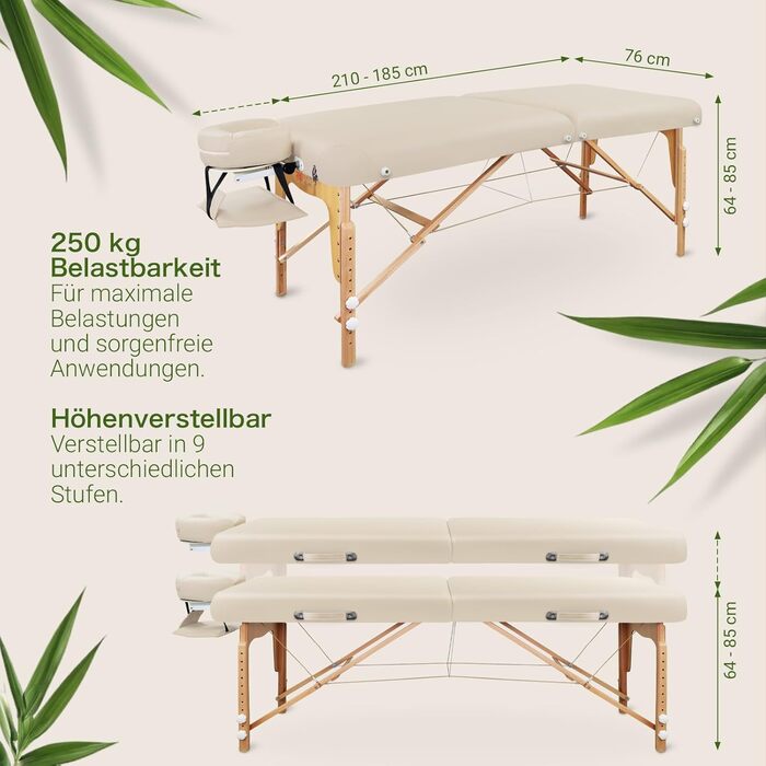 Масажний стіл Zen з круглими кутами, складний та регульований по висоті - професійний масажний стіл з цільного дерева з регульованою спинкою, підголівником, підлокітниками та кишенею (кремовий)