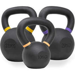 Гирі Strength Shop з чавуну 10кг, 20кг, 28кг, ергономічна ручка, кольорове маркування ваги, чорне порошкове покриття, надміцні, для функціонального тренування всього тіла, набір