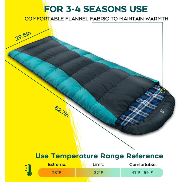 Спальний мішок Bessport Flannel для кемпінгу, 3-4 сезони, -5°C | Легкий, водонепроникний, теплий спальник для дорослих та дітей, для рюкзаків, кемпінгу, походів та подорожей | Фланелевий, синьо-зелений/чорний