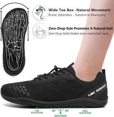 Босижні кросівки Geweo для жінок та чоловіків: зручні, широка передня частина, легкі, для фітнесу, кросфіту, силових тренувань, без підйому, трекінгові, унісекс, розміри 37-47 EU (чорний, 41 EU широкі)