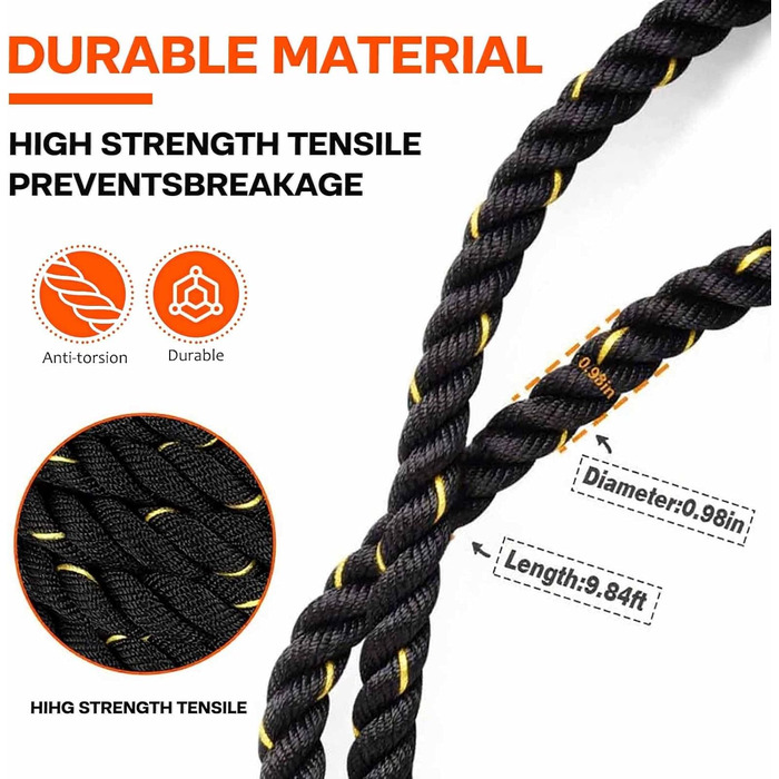 Скакалка, Battle Ropes, 280 см, 0,6 кг, для силових тренувань та загальної фізичної підготовки, чорний, преміум-якість