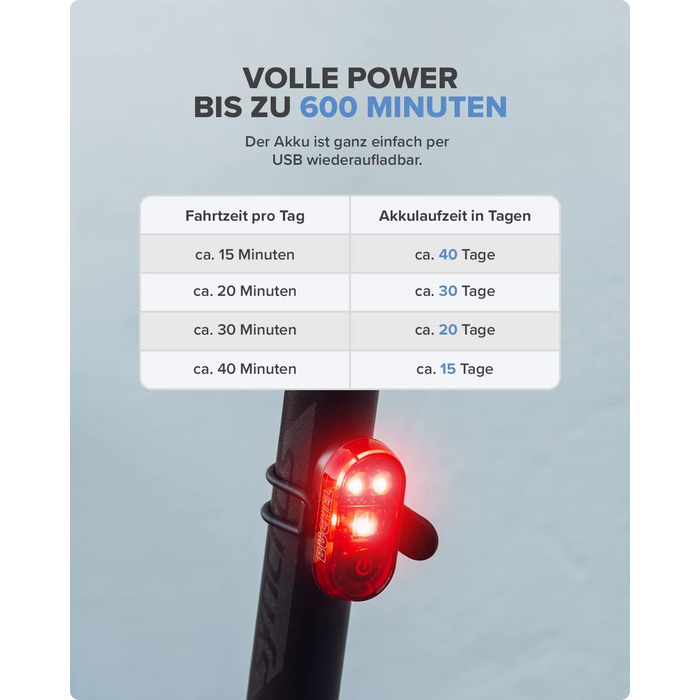 Заднє велоліхтар LED Büchel, акумуляторний, сертифікований StVZO, для велосипеда та електробіка (без функції показу гальмування)