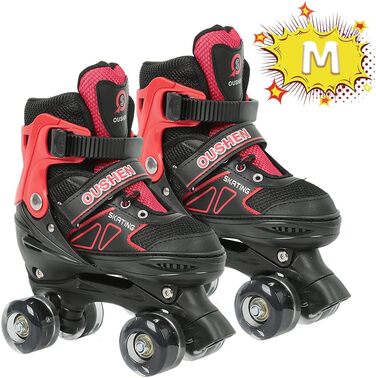 Інлайнери (ролики) для дітей та дорослих, розмір M, з великими колесами 76 мм, регульовані, світлодіодні, червоно-чорні