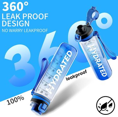 Спортивна пляшка для води 1л Tritan без BPA з маркуванням часу, 1000 мл, блакитна