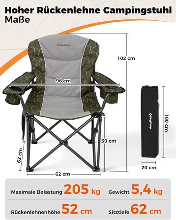 Крісло для кемпінгу KingCamp XXL, розкладне, до 205 кг, чорне. З регульованою спинкою, підсклянником та кишенею для напоїв. Ідеальне для риболовлі та відпочинку на природі.